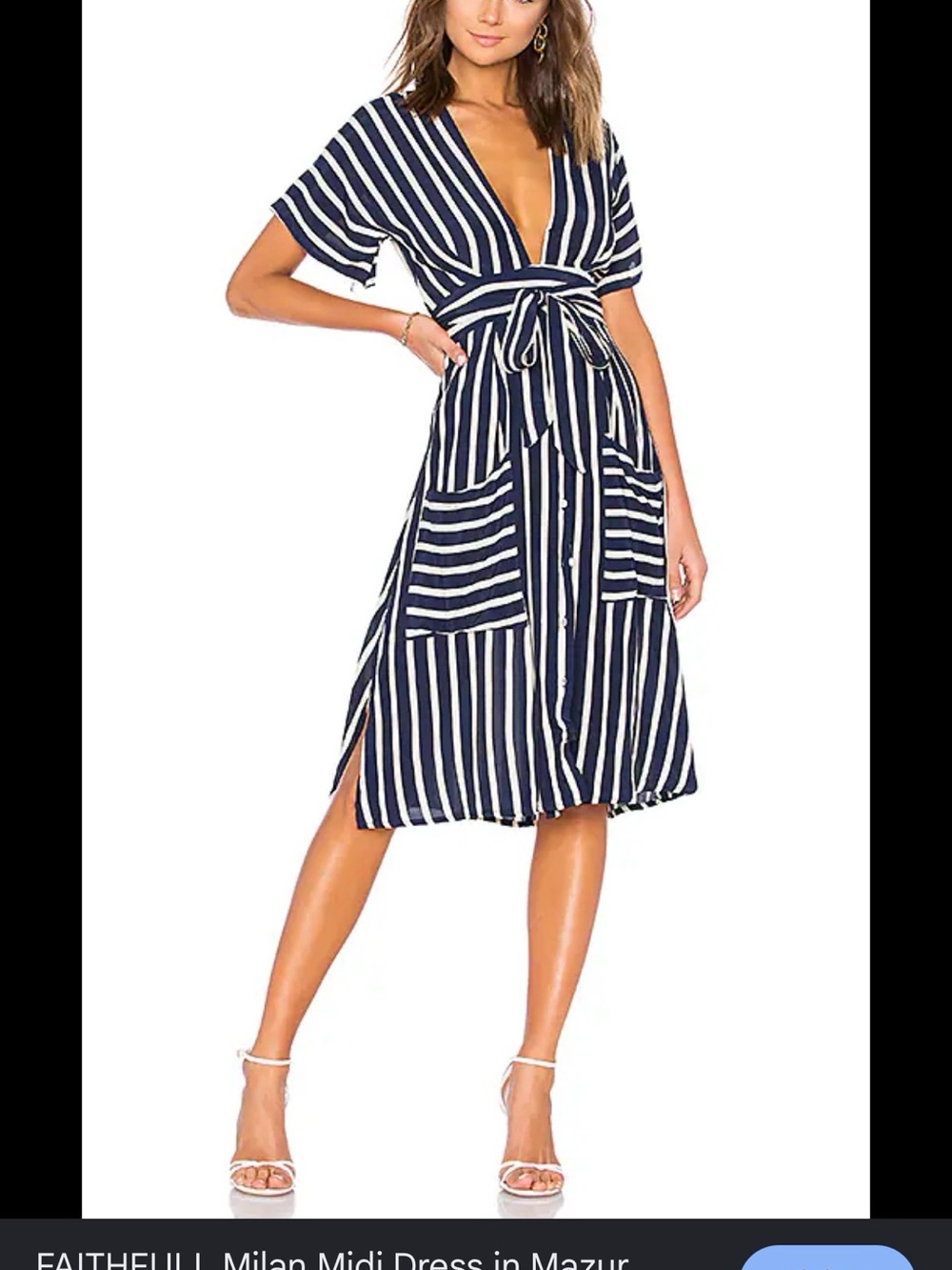 Faithfull the Brand Navy and White Striped Wrap Midi Dress